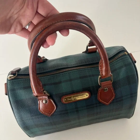 Polo Ralph Lauren Vintage Blackwatch Plaid Leather Boston Satchel Hand Bag - Picture 4 of 16